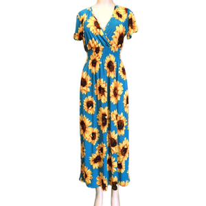 V Neck Short Sleeve Sunflower Prints Long Dress 12 Pack Assorted Colors (Size: S-M-L-XL, 3-3-3-3)