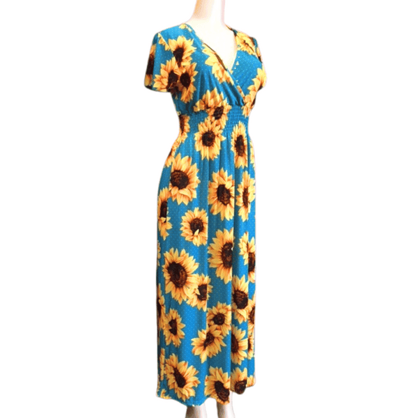 V Neck Short Sleeve Sunflower Prints Long Dress 12 Pack Assorted Colors (Size: S-M-L-XL, 3-3-3-3)