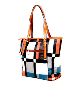 Tomiya Handbag Plaid Stiped Design Light Brown Handle