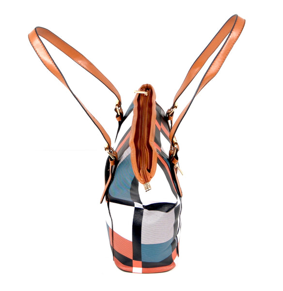 Tomiya Handbag Plaid Stiped Design Light Brown Handle