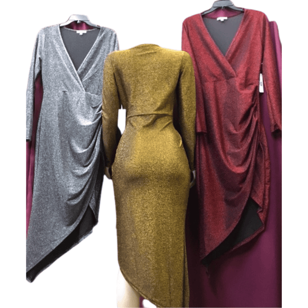 V-Neck Lurex Holiday Dress With Side Cinch 6 Pack Per Color (Size: S-M-L, 2-2-2)