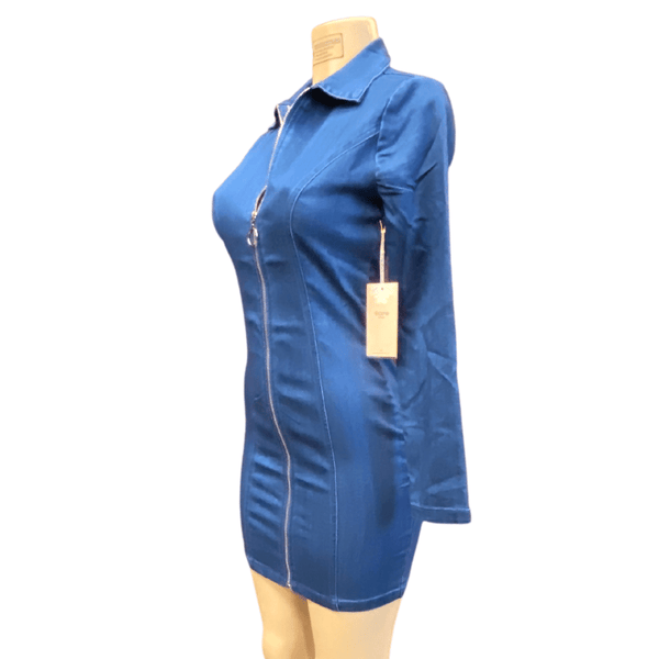 Full Zip Up Denim Bodycon Dress Long Sleeve 6 Pack (S-M-L, 2-2-2)