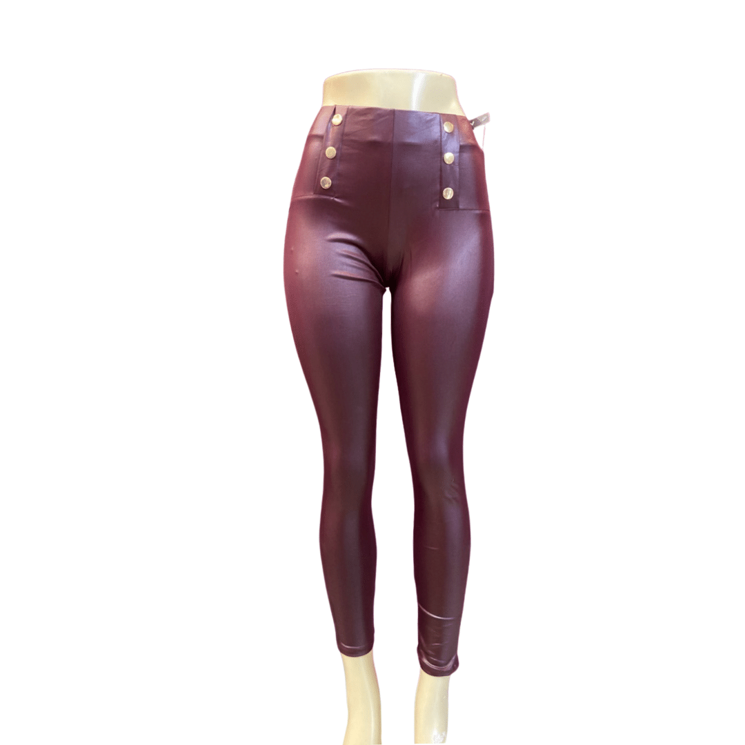 High Waist 6 Brushed Gold Button Ornamentation Leather Look Leggings 6 Pack Per Color (Size: S/M-L/XL, 3-3)